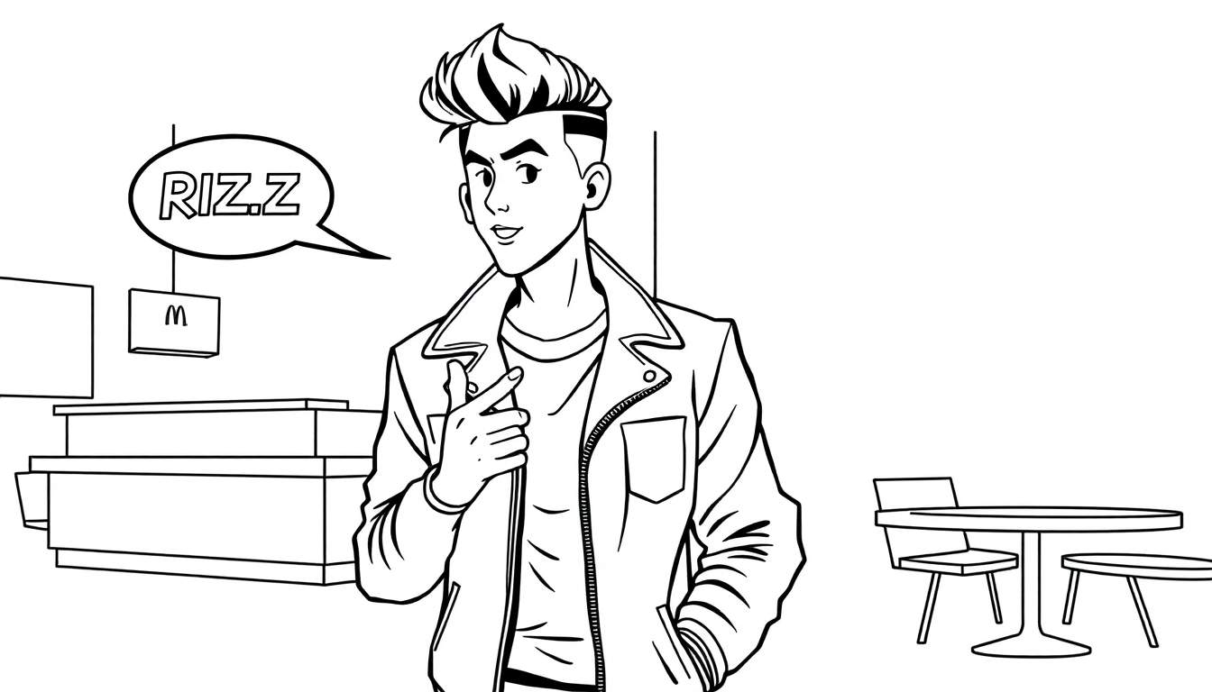 Zwart-wit kleurplaat van een coole jongen met opvallend haar in een leren jas, die 'RIZZ' zegt bij een McDonald's.