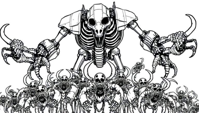 Een grote, angstaanjagende robot met een schedelgezicht, gebouwd met robotica en botten, staat boven een menigte kleine, monsterlijke skeletten voor een kleurplaat.