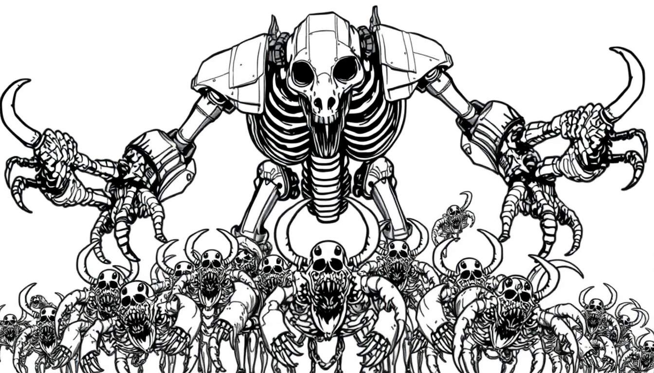 Een grote, angstaanjagende robot met een schedelgezicht, gebouwd met robotica en botten, staat boven een menigte kleine, monsterlijke skeletten voor een kleurplaat.
