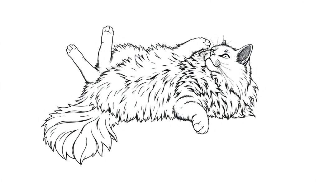 Een kleurplaat van een speelse kat die op zijn rug ligt.