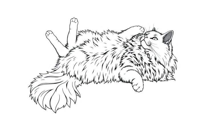 Een kleurplaat van een speelse kat die op zijn rug ligt.