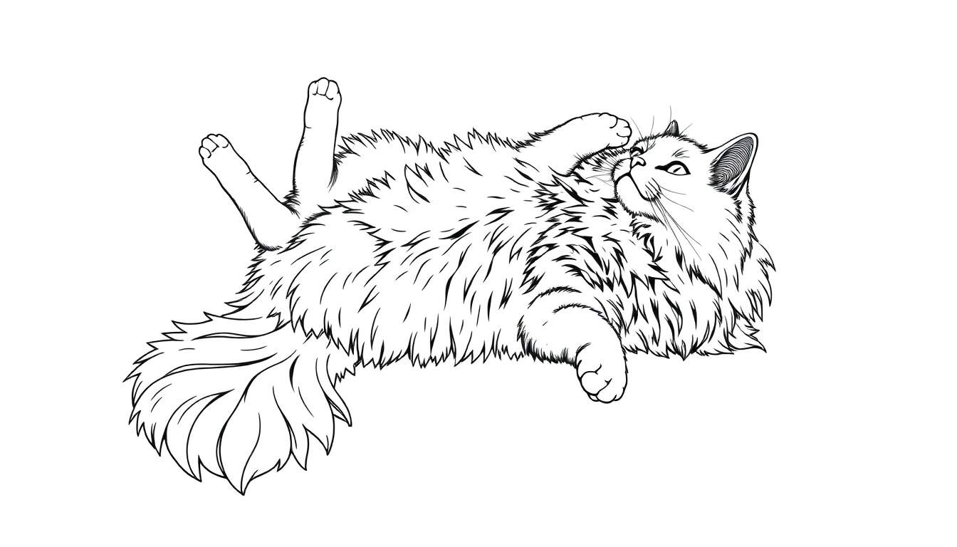 Een kleurplaat van een speelse kat die op zijn rug ligt.