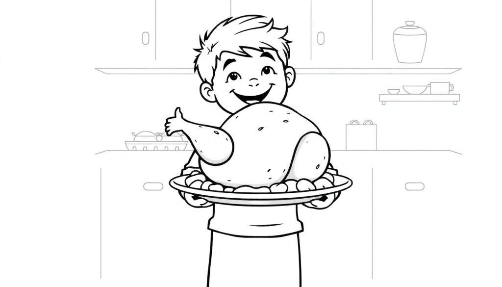 Kleurplaat: Jongen met kalkoen en een duim omhoog.