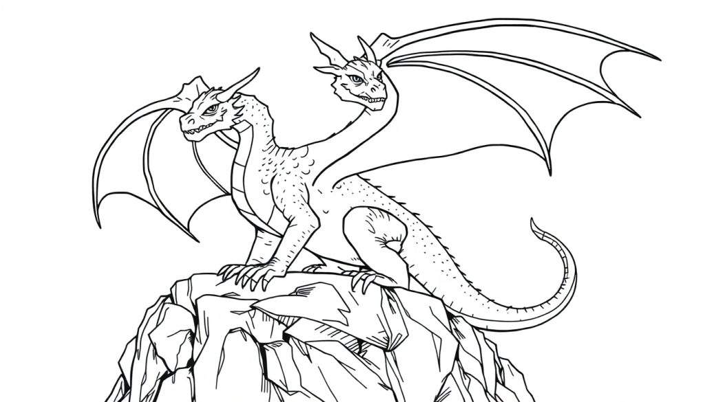 Zwart-wit lijntekening, een tweezijdige draak als kleurplaat bovenop een berg.