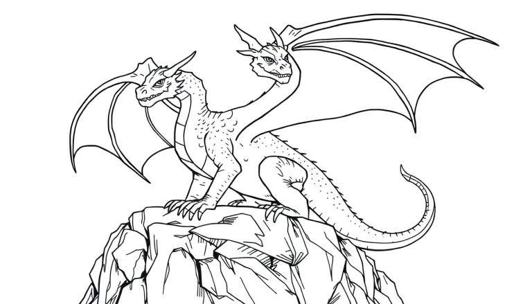 Zwart-wit lijntekening, een tweezijdige draak als kleurplaat bovenop een berg.