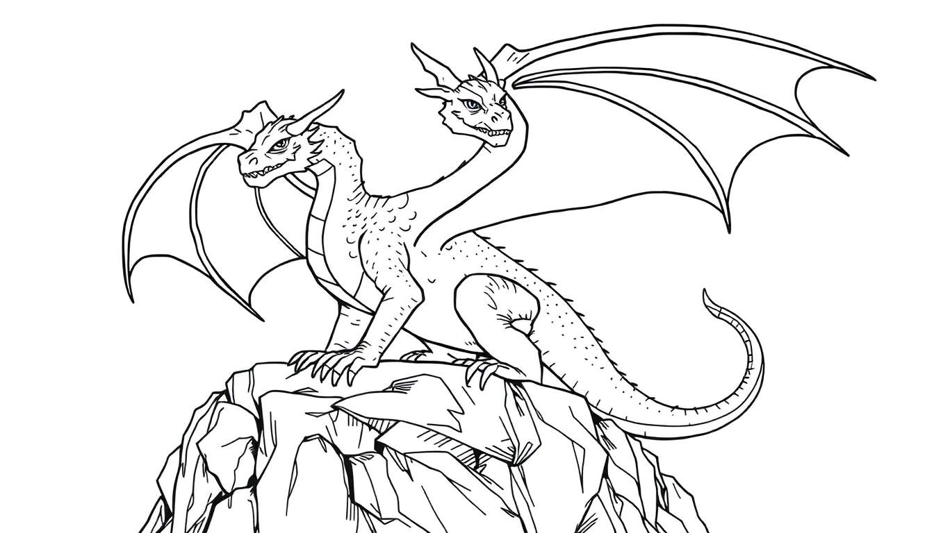 Zwart-wit lijntekening, een tweezijdige draak als kleurplaat bovenop een berg.