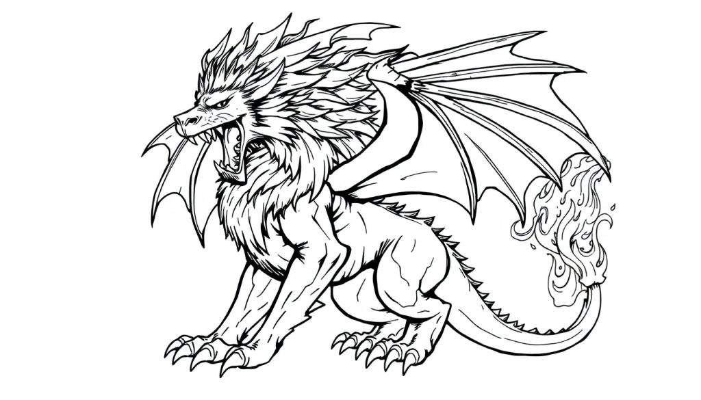 Zwart-wit kleurplaat van een boze drakenleeuw met vlammenstaart en vleugels.
