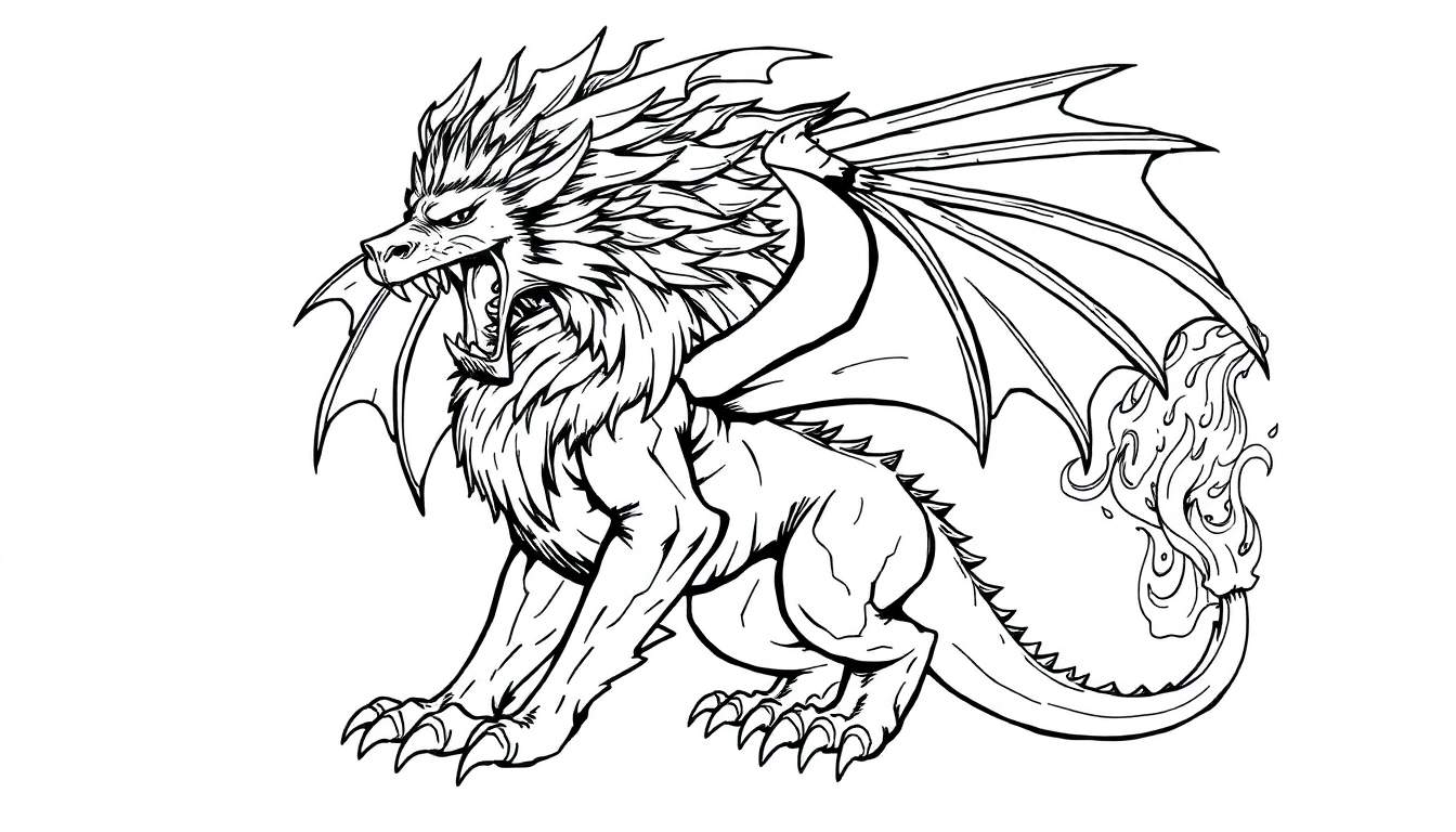 Zwart-wit kleurplaat van een boze drakenleeuw met vlammenstaart en vleugels.