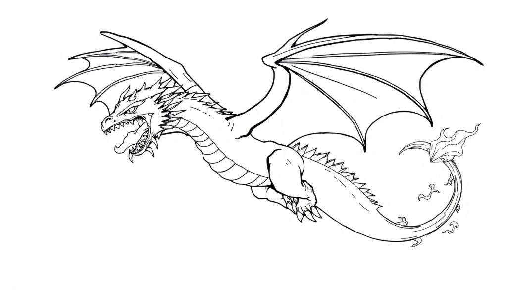 Zwart-wit kleurplaat van een woeste draak in de lucht met vuurstaart.