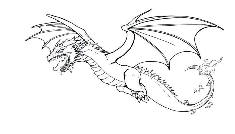Zwart-wit kleurplaat van een woeste draak in de lucht met vuurstaart.