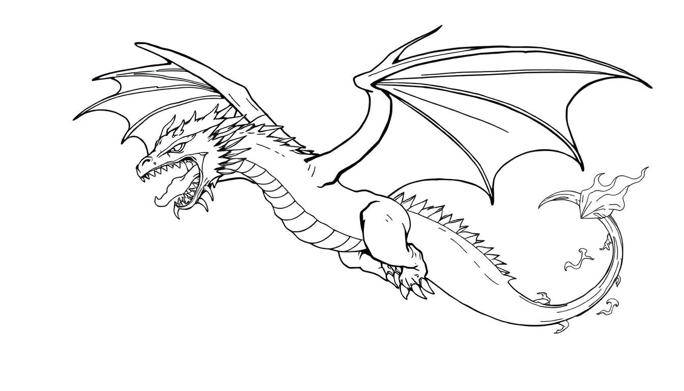 Zwart-wit kleurplaat van een woeste draak in de lucht met vuurstaart.