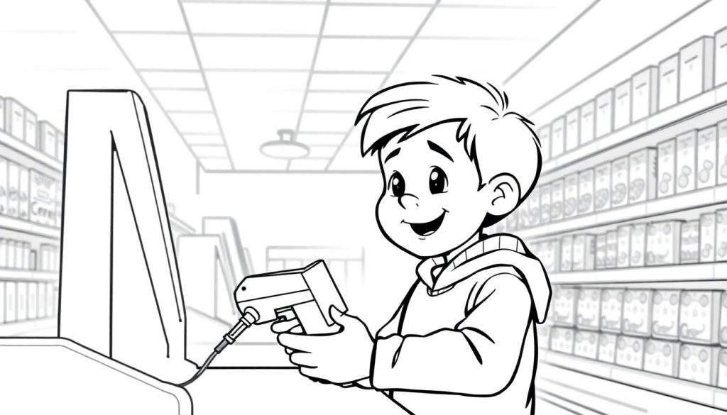 Kleurplaat van een jongen achter een supermarktkassa met een scanner.