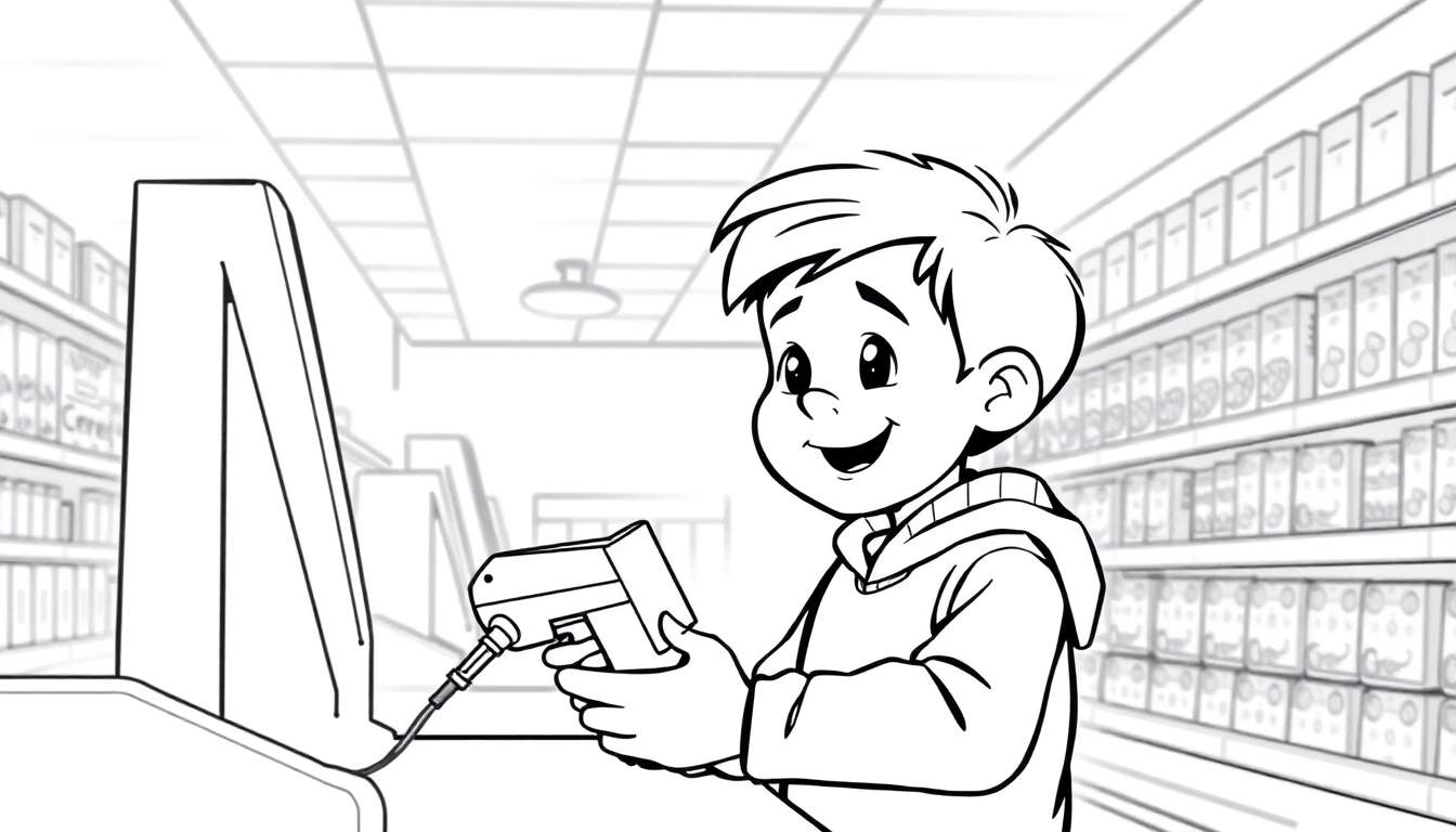 Kleurplaat van een jongen achter een supermarktkassa met een scanner.