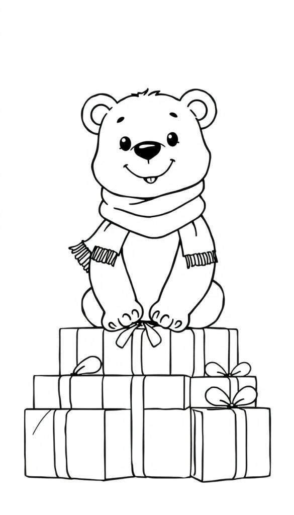 Kleurplaat van een schattige kerstbeer met een sjaal op cadeautjes.