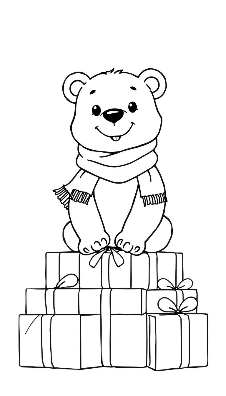 Kleurplaat van een schattige kerstbeer met een sjaal op cadeautjes.