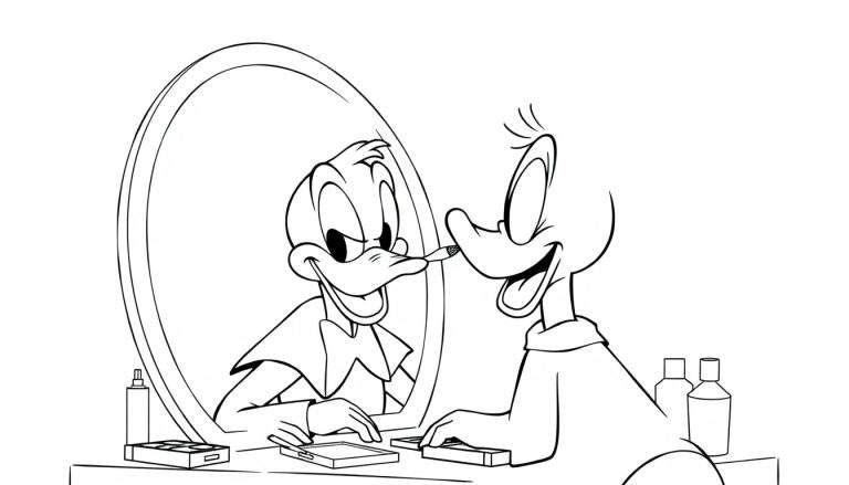 Kleurplaat van Donald Duck die make-up aanbrengt voor een spiegel.