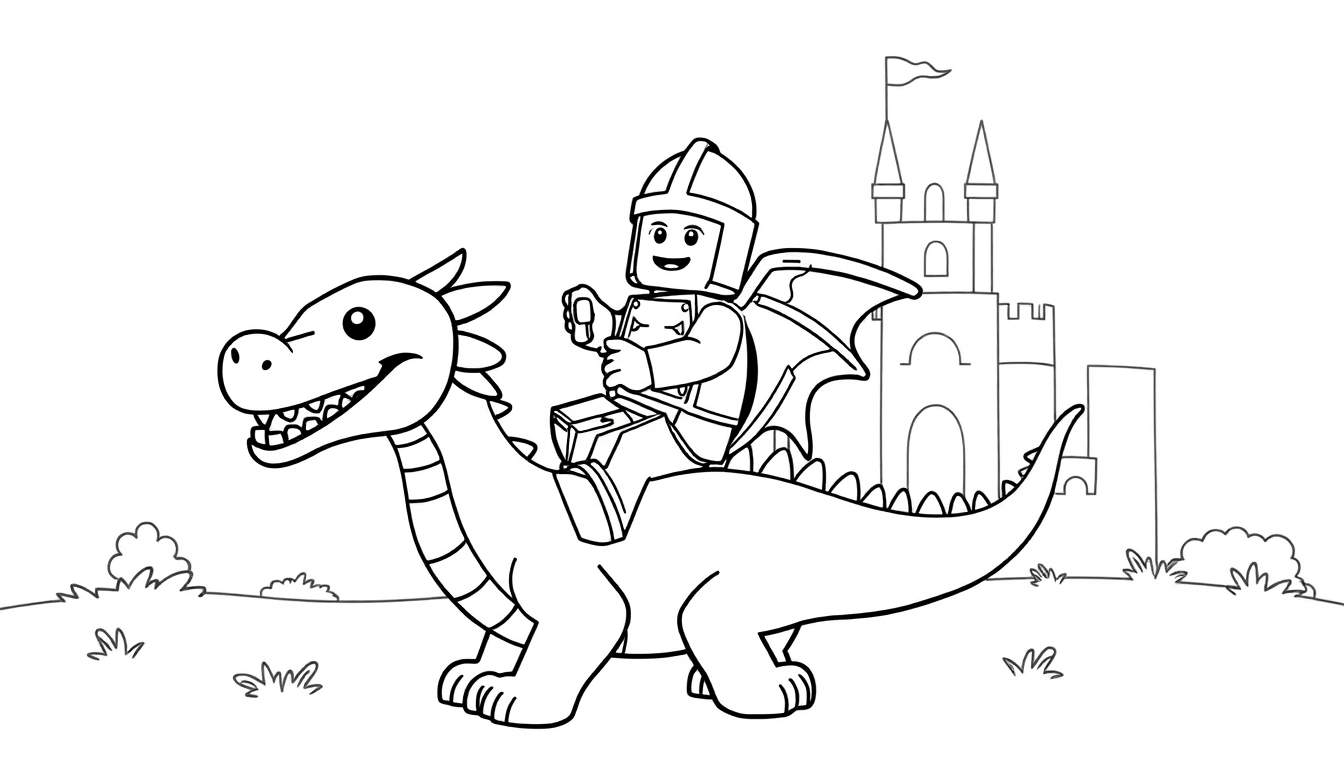 Kleurplaat van een vriendelijke draak met een ridder op zijn rug voor een kasteel.
