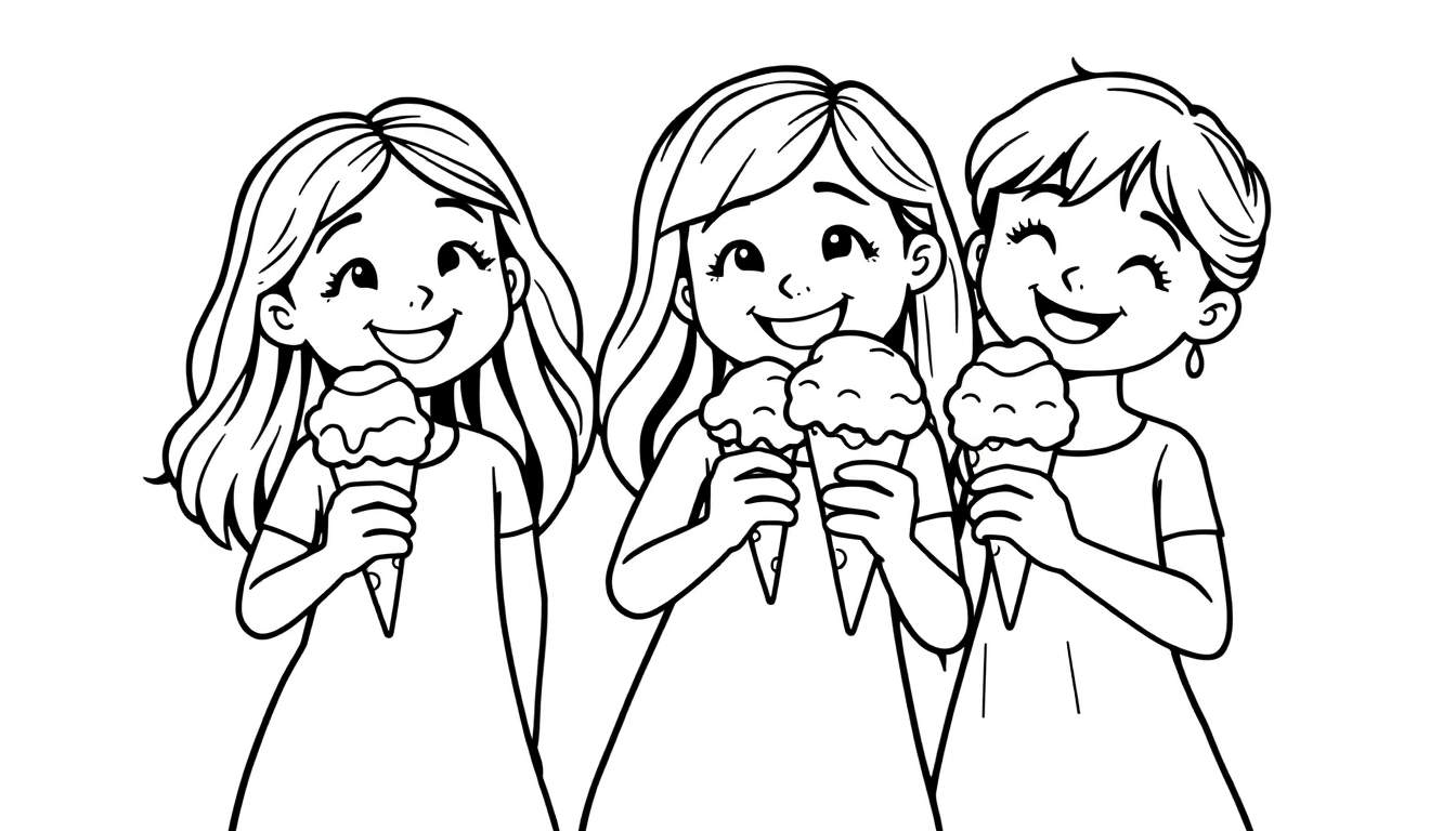 Zwart-wit kleurplaat van drie lachende meisjes die ijsjes eten.