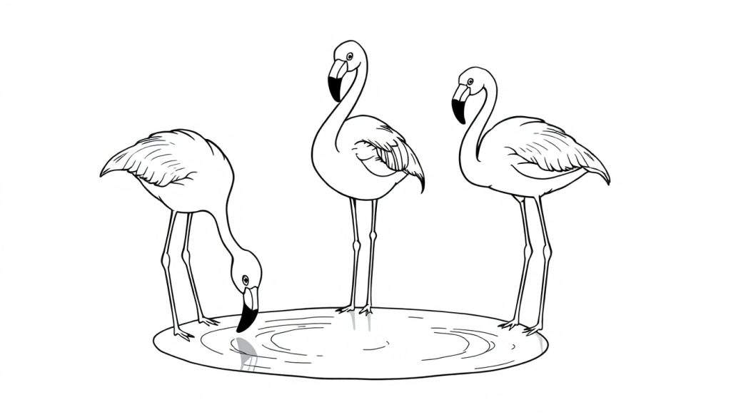 Kleurplaat van drie flamingo's, waarvan één drinkt.