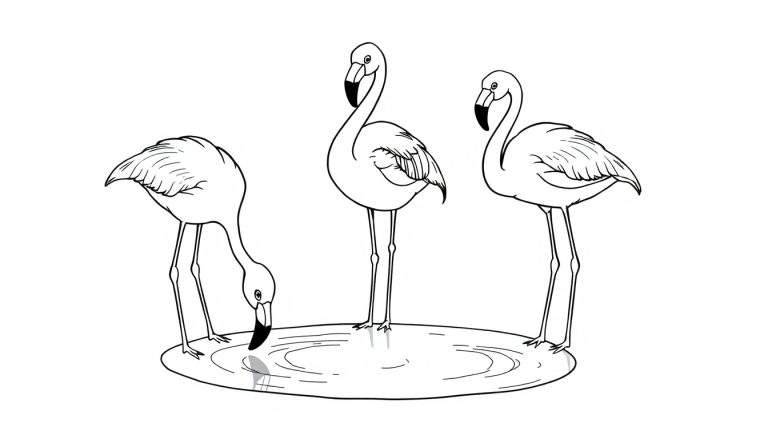 Kleurplaat van drie flamingo's, waarvan één drinkt.