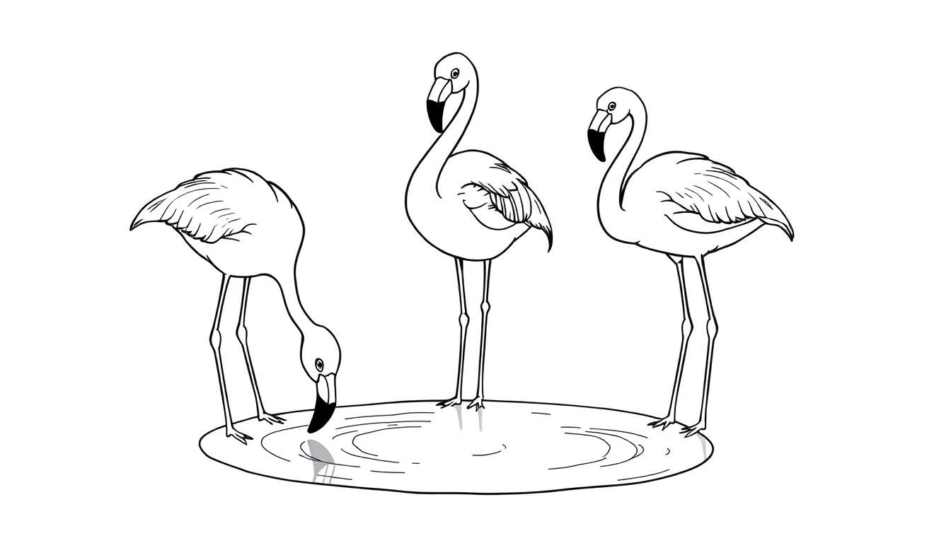 Kleurplaat van drie flamingo's, waarvan één drinkt.
