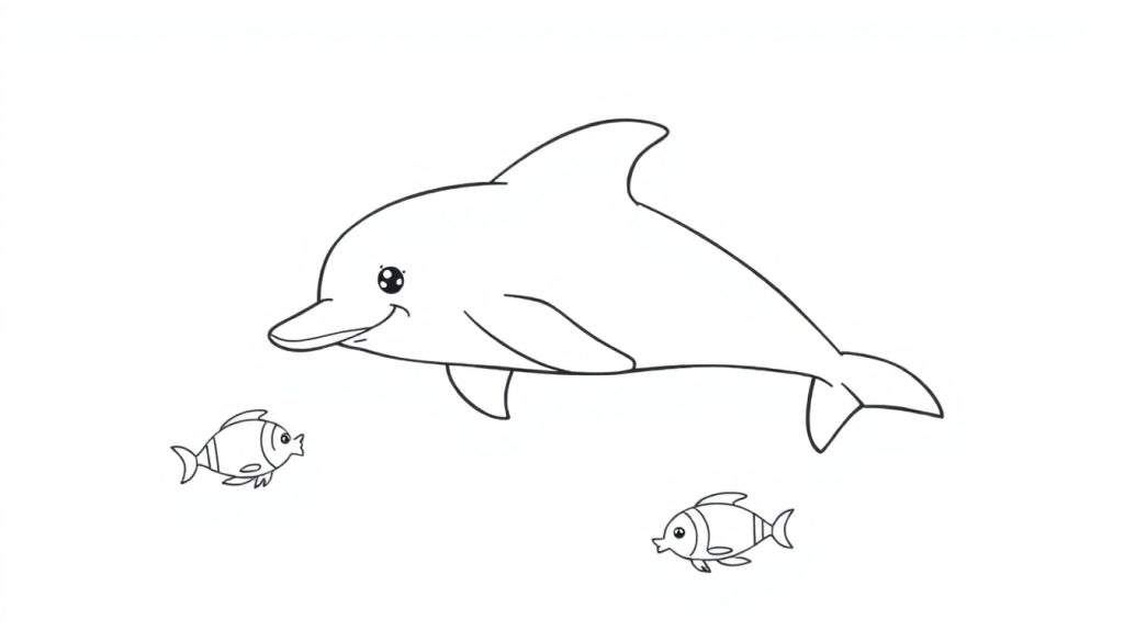 Kleurplaat van een blije dolfijn met twee vissen.