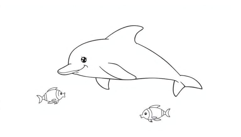 Kleurplaat van een blije dolfijn met twee vissen.