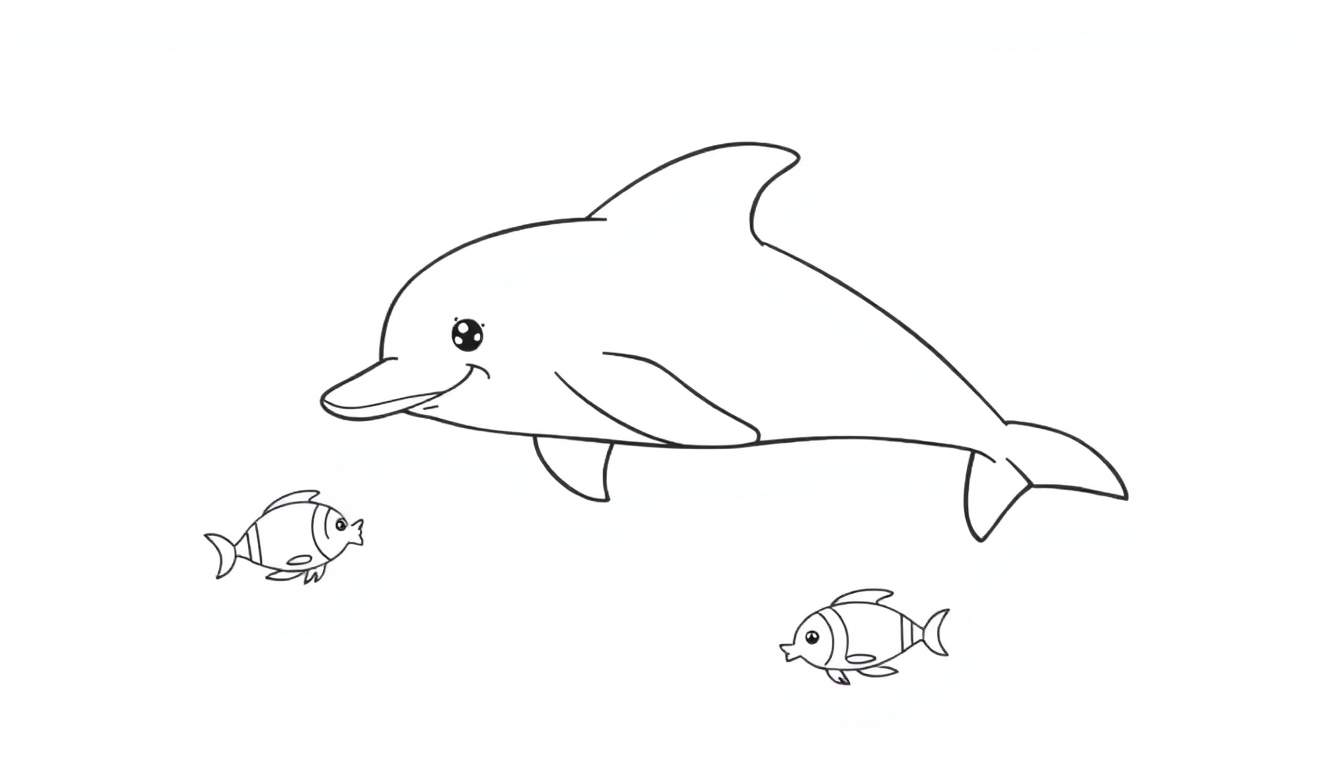 Kleurplaat van een blije dolfijn met twee vissen.