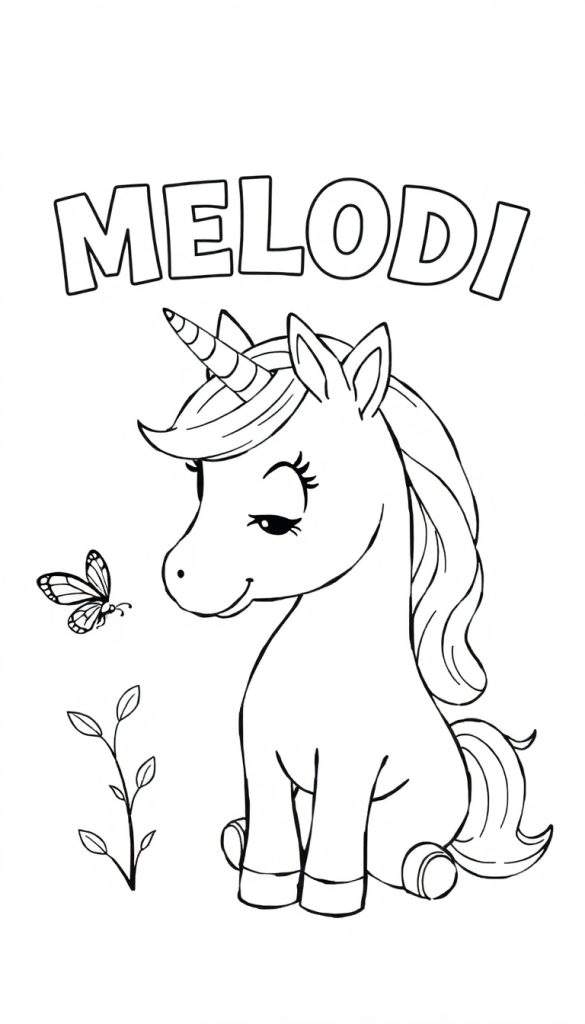 Een zwart-wit kleurplaat van eenhoorn Melodi die zit en naar een vlinder en bladeren kijkt.