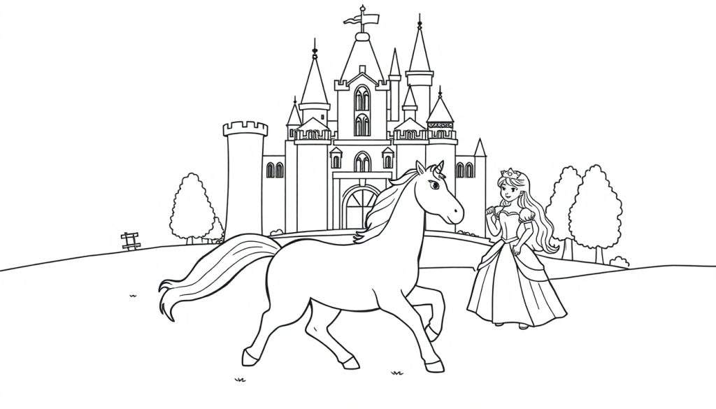 Kleurplaat van een eenhoorn, prinses en kasteel