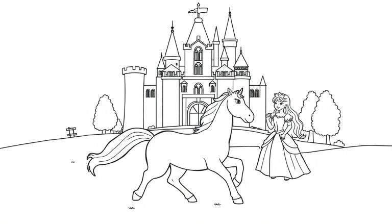 Kleurplaat van een eenhoorn, prinses en kasteel