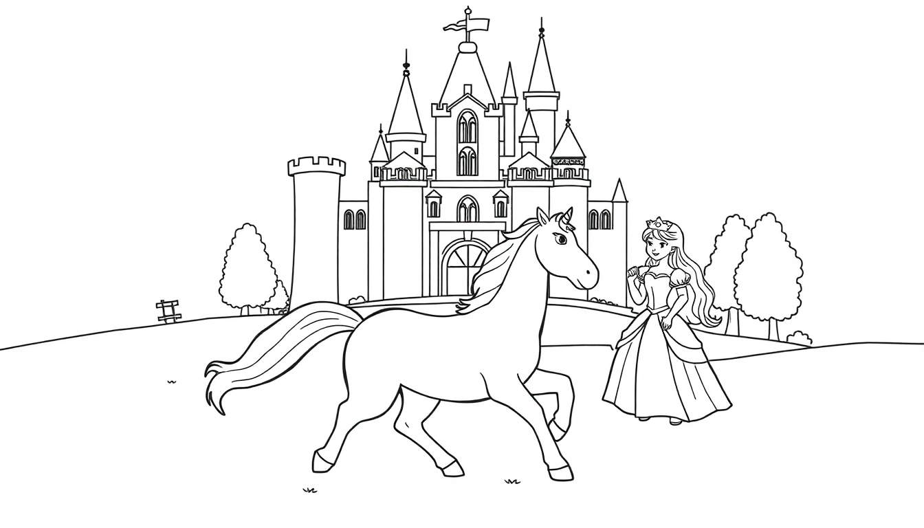 Kleurplaat van een eenhoorn, prinses en kasteel