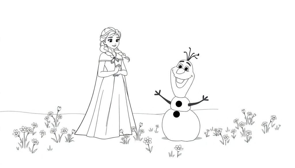 Een kleurplaat van Elsa en Olaf die vrolijk staan in een bloemenveld.