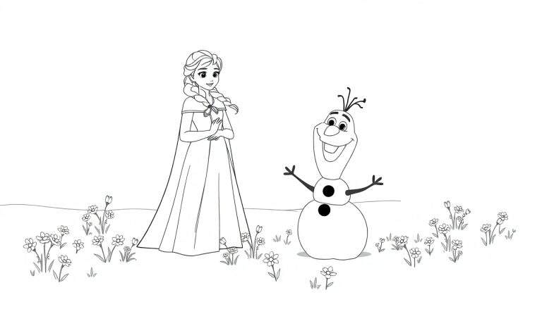 Een kleurplaat van Elsa en Olaf die vrolijk staan in een bloemenveld.