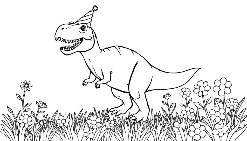 Kleurplaat van een vrolijke T-rex met een feesthoed tussen de bloemen.