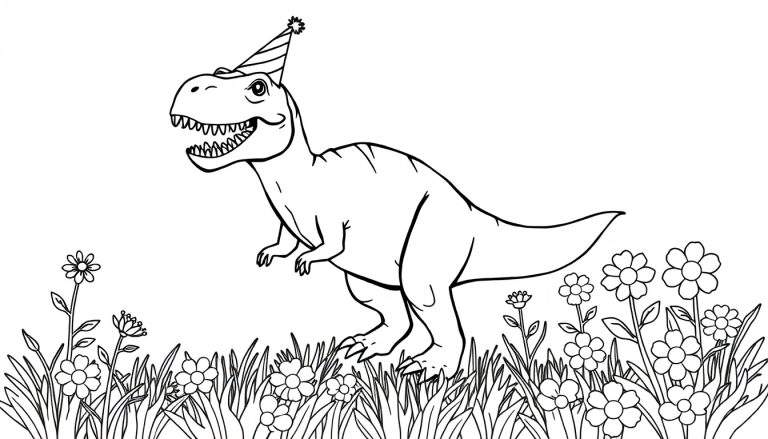 Kleurplaat van een vrolijke T-rex met een feesthoed tussen de bloemen.