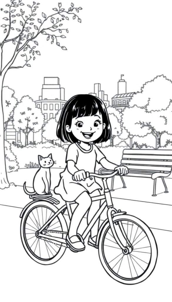 Kleurplaat van een meisje met bobkapsel op een fiets, met een kat op de bagagedrager, in een park met bomen en gebouwen.