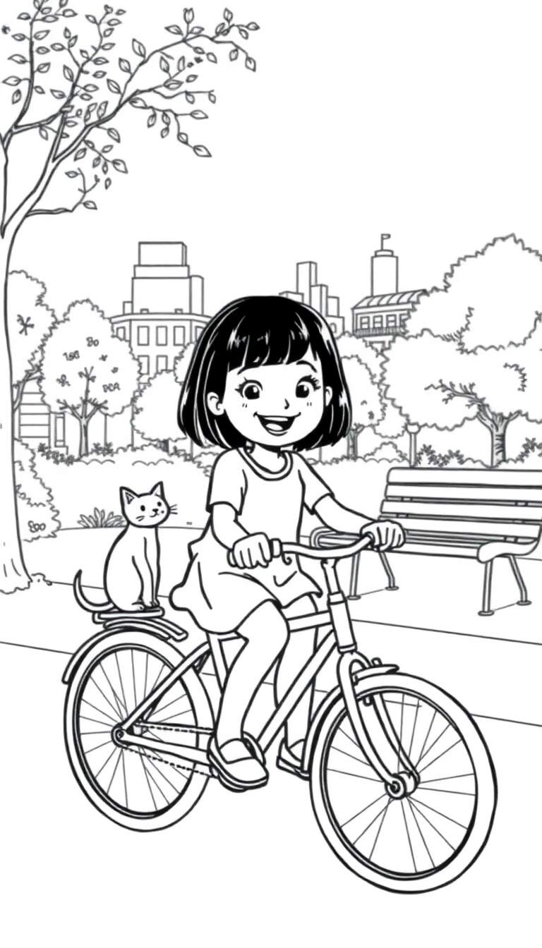 Kleurplaat van een meisje met bobkapsel op een fiets, met een kat op de bagagedrager, in een park met bomen en gebouwen.