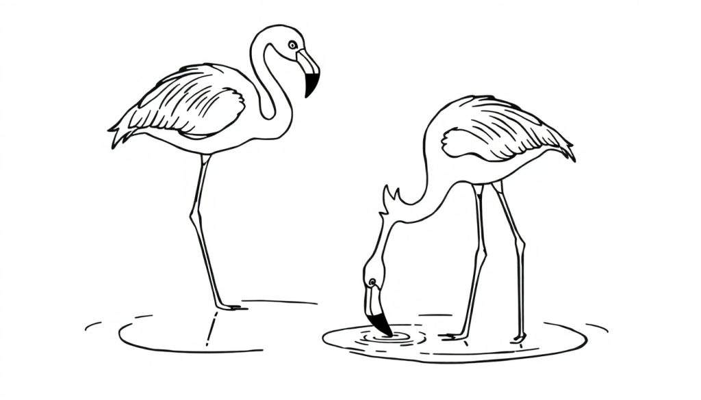 Kleurplaat van een flamingo die op één poot staat en een flamingo die drinkt.