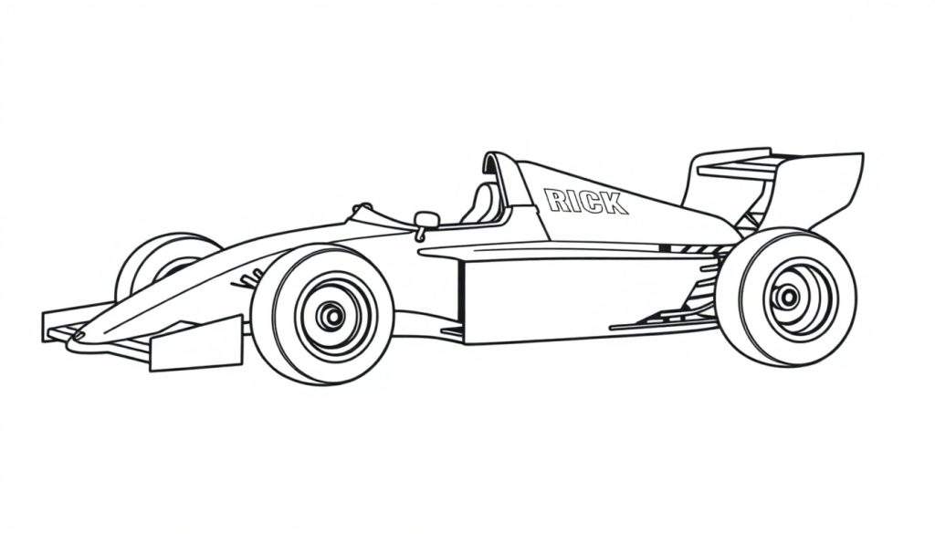 Kleurplaat van een Formule 1 raceauto met de naam RICK