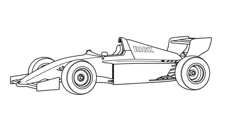 Kleurplaat van een Formule 1 raceauto met de naam RICK