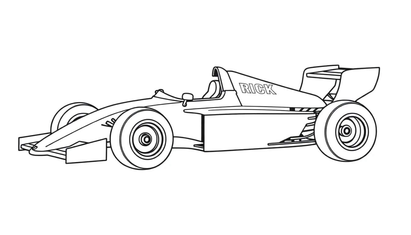 Kleurplaat van een Formule 1 raceauto met de naam RICK