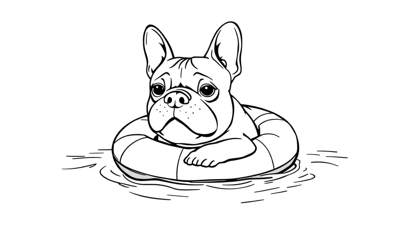 Zwart-wit kleurplaat van een Franse bulldog in een zwemband