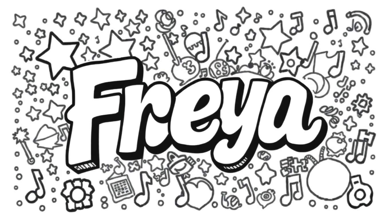 Kleurplaat met de naam Freya in graffiti-stijl, omringd door sterren, muzieknoten en bloemen.