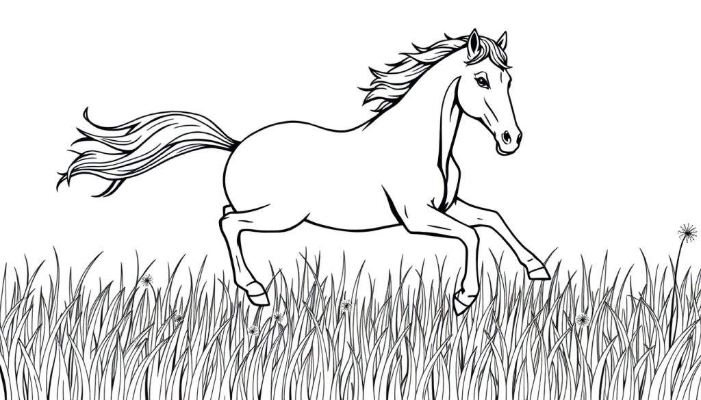 Een paard in galop op een weide, klaar om ingekleurd te worden als kleurplaat.