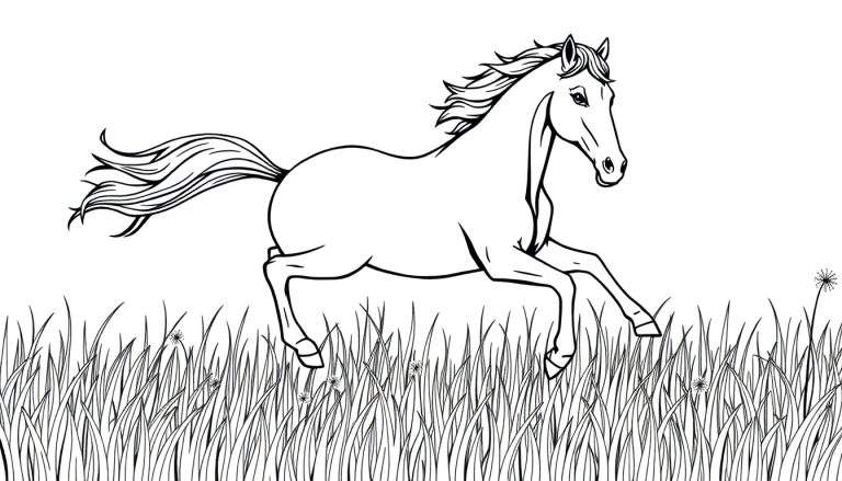 Een paard in galop op een weide, klaar om ingekleurd te worden als kleurplaat.