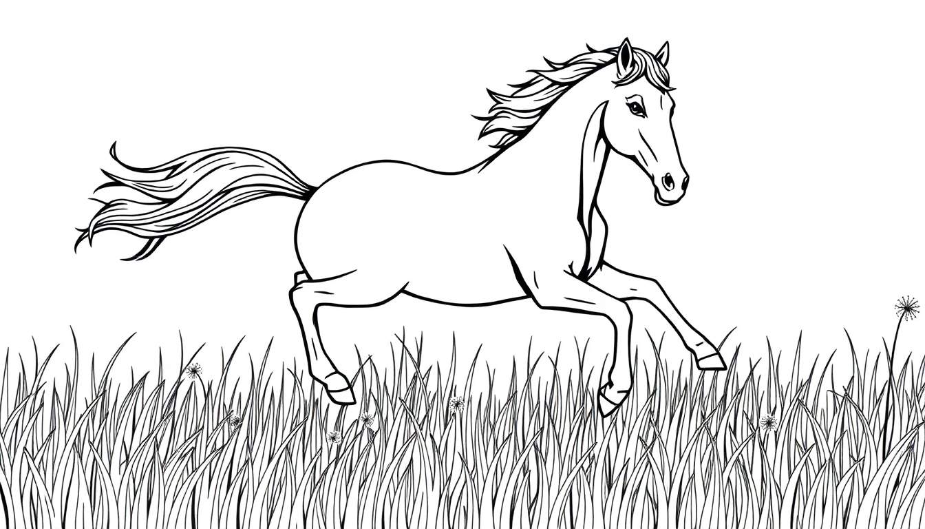 Een paard in galop op een weide, klaar om ingekleurd te worden als kleurplaat.