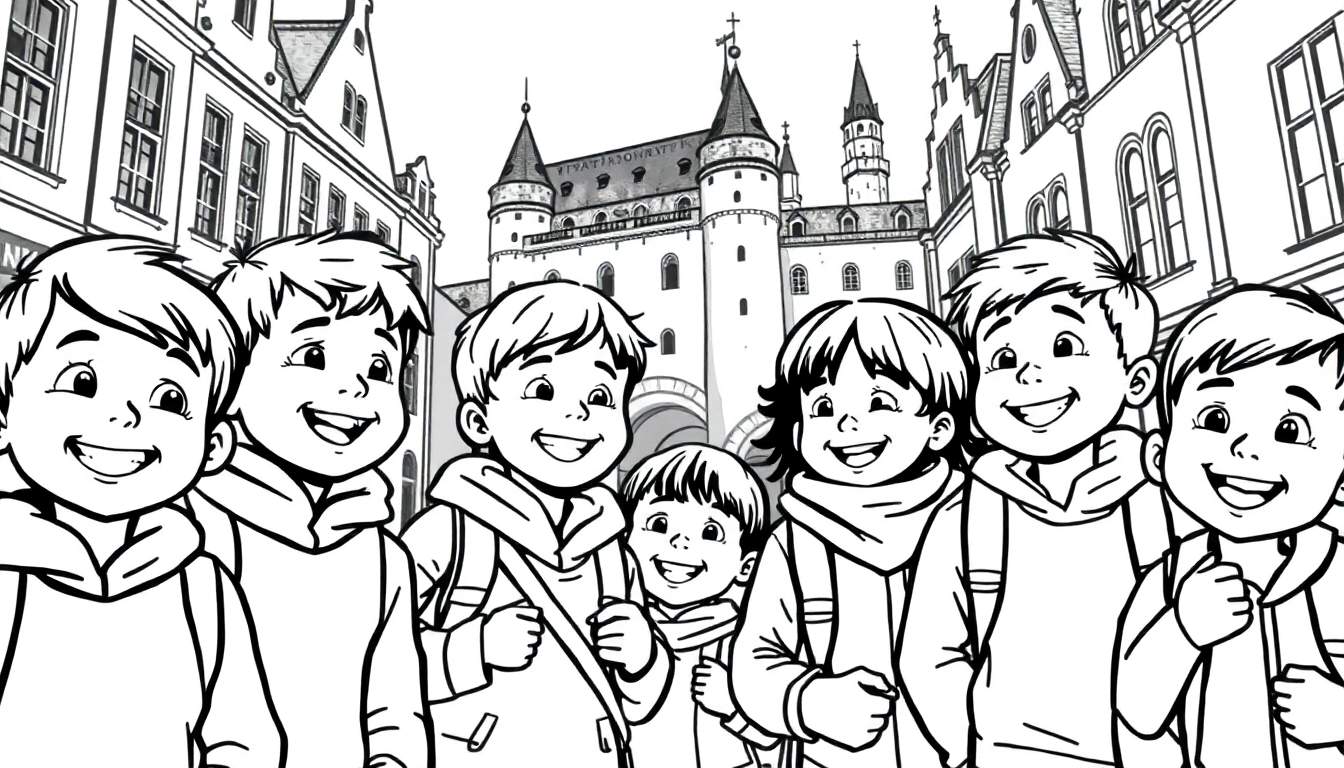 Kleurplaat van lachende kinderen die een wandelspel spelen in Gent en bekende gebouwen zien.