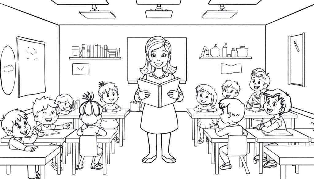 Zwart-wit kleurplaat van een lerares die voorleest aan kinderen in een klaslokaal.