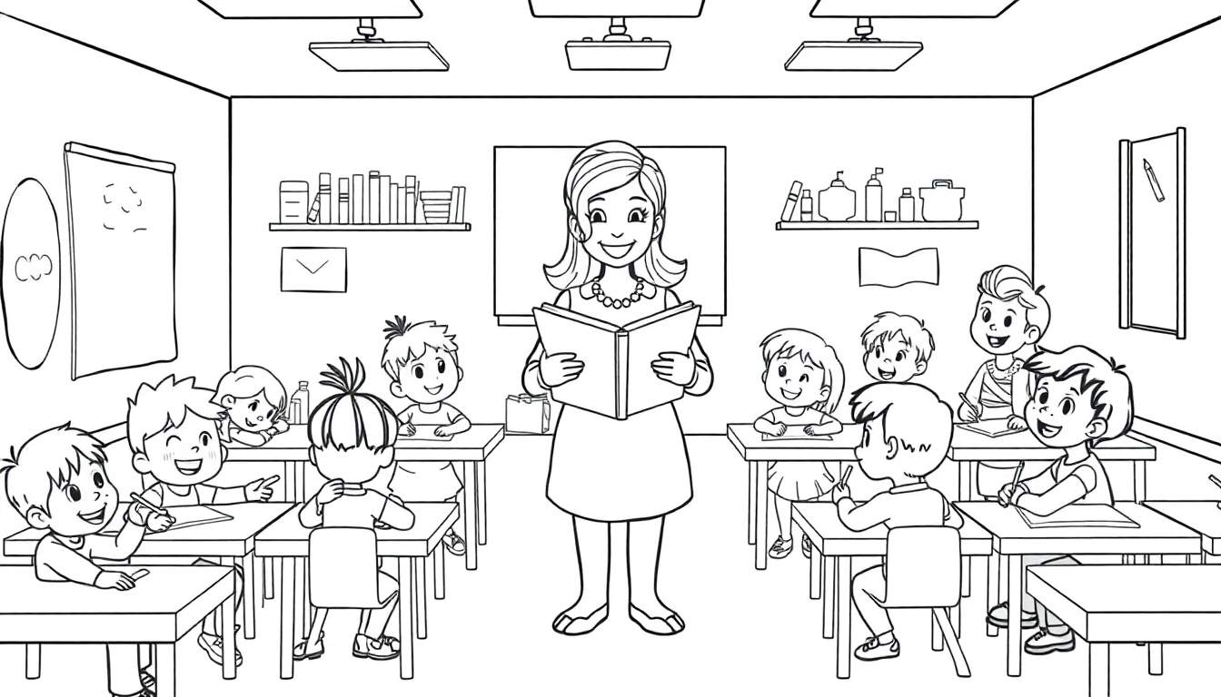 Zwart-wit kleurplaat van een lerares die voorleest aan kinderen in een klaslokaal.